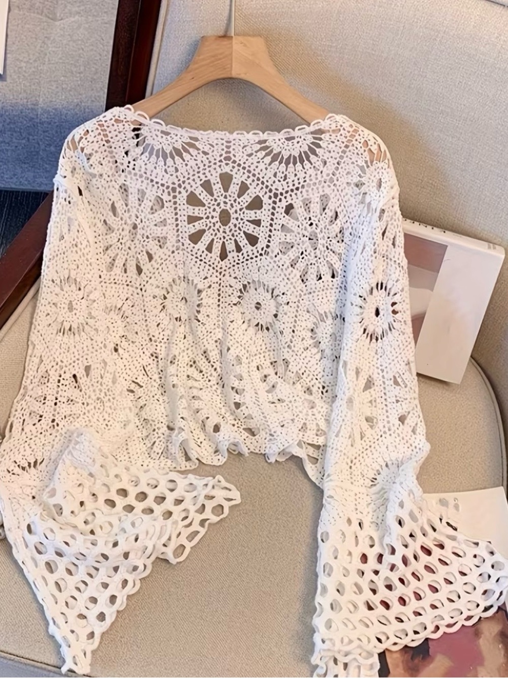 White Crochet V-Neck Bell Sleeve Sweater - Picture 2 of 5